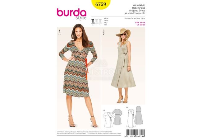 Střih Burda 6759 - Zavinovací šaty, žerzejové šaty, midi šaty