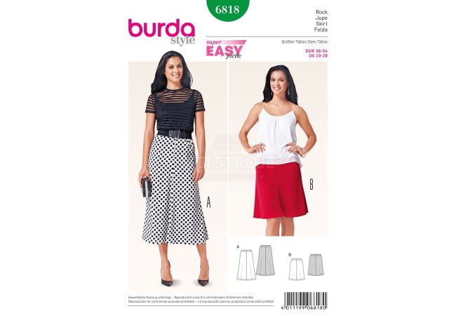 Střih Burda 6818 - Jednoduchá zvonová sukně, dlouhá sukně