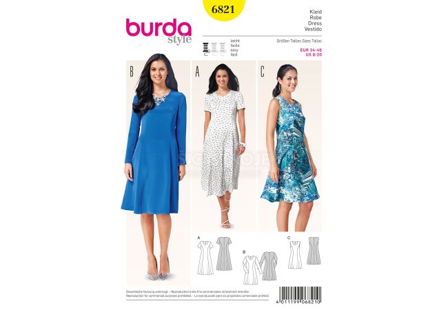 Střih Burda 6821 - Áčkové šaty, midi šaty, letní šaty