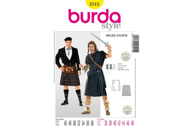 Střih Burda 2515 - Kilt, Highlander, Skot, William Wallace