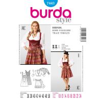 Střih Burda 7443 - Krojové šaty, krojová zástěrka, krojová halenka