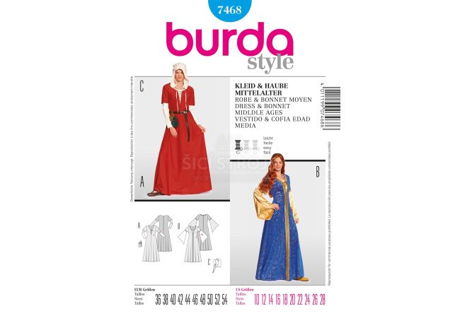 Střih Burda 7468 - Středověké šaty a čepec