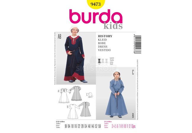Střih Burda 9473 - Dětské středověké šaty, čepec