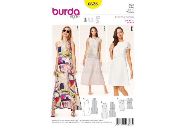 Střih Burda 6628 - Dlouhé letní šaty, áčkové šaty, šaty s topem
