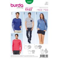 Střih Burda 6602 - Jednoduché tričko, tričko s kapucí, tričko s dlouhým rukávem, pánské tričko