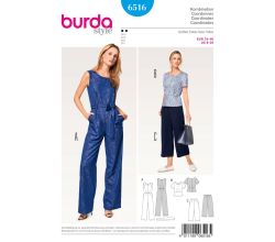 Střih Burda 6516 - Overal a kalhoty se širokými nohavicemi, top peplum