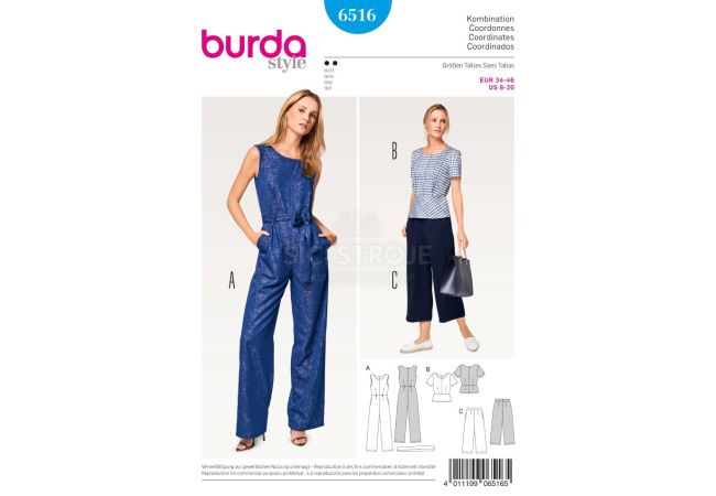 Střih Burda 6516 - Overal a kalhoty se širokými nohavicemi, top peplum