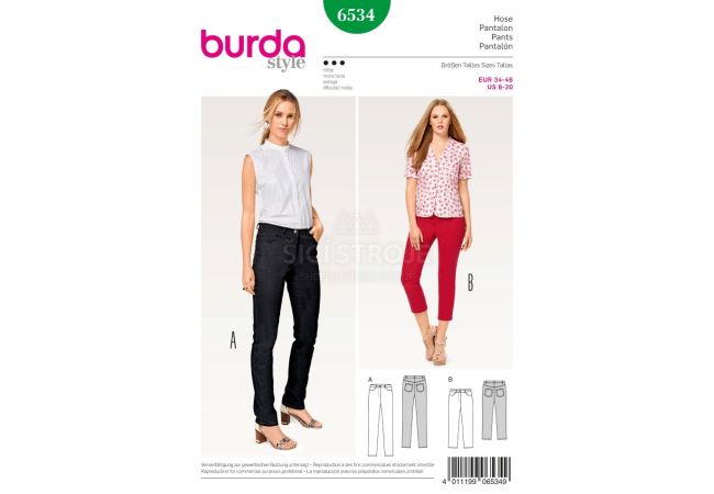 Střih Burda 6534 - Džíny, džínové kalhoty, tříčtvrteční kalhoty