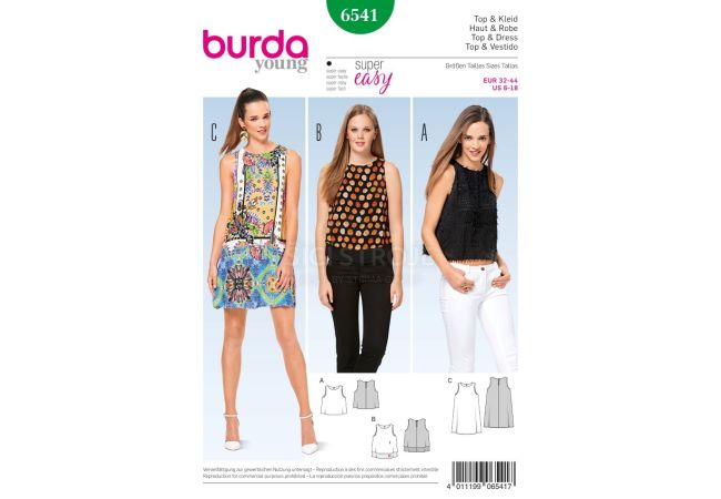 Střih Burda 6541 - Jednoduché letní šaty bez rukávů, tílko, top