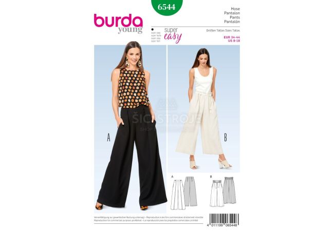Střih Burda 6544 - Kalhoty se širokými nohavicemi, široké kalhoty, letní lněné kalhoty