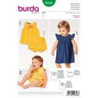 Střih Burda 9358 - Dětské áčkové propínací šaty, halenka, kalhotky