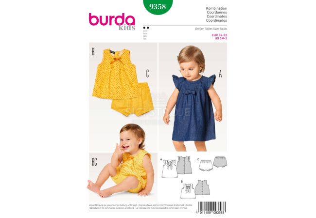 Střih Burda 9358 - Dětské áčkové propínací šaty, halenka, kalhotky