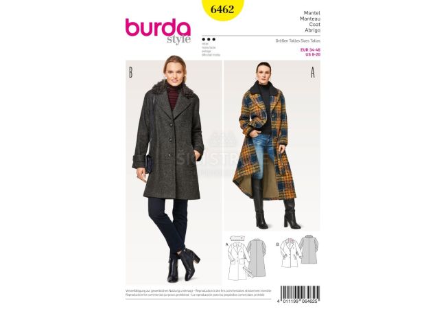 Střih Burda 6462 - Áčkový kabát, dlouhý kabát