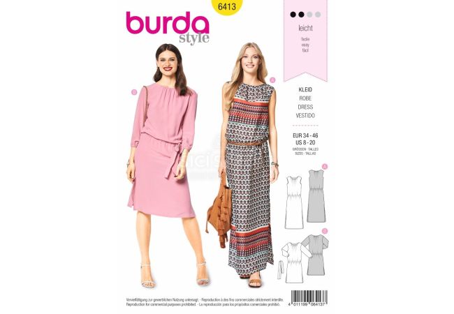 Střih Burda 6413 - Letní šaty, pohodlné šaty, šaty s pasem do gumy