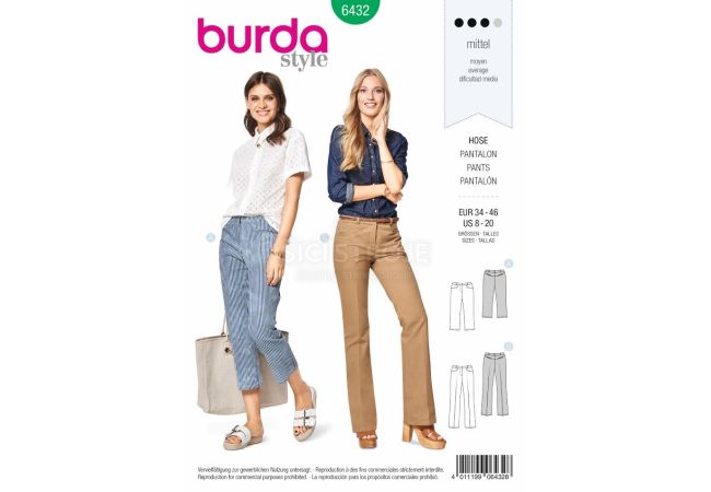 Střih Burda 6432 - Tříčtvrteční kalhoty, rovné kalhoty s puky