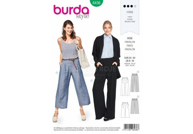 Střih Burda 6436 - Kalhoty se širokými nohavicemi, letní kalhoty, lněné kalhoty