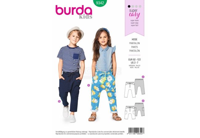 Střih Burda 9342 - Dětské tepláky s nízkým sedem, kalhoty