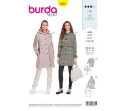 Střih Burda 6361 - Áčkový kabát, kabát s kapucí, kabát bez límce