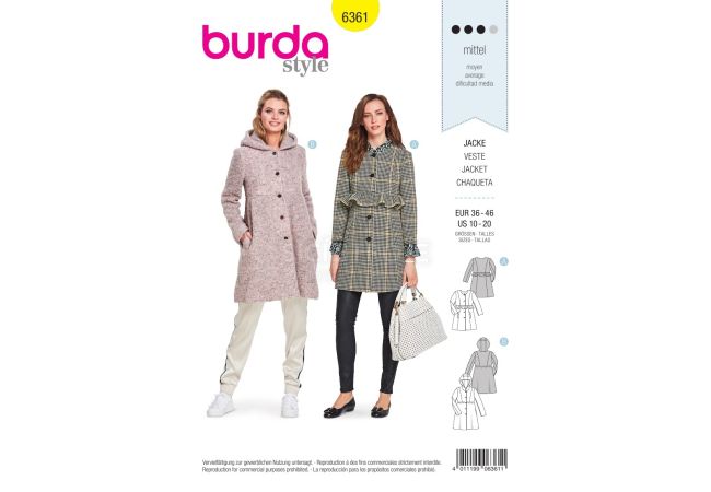 Střih Burda 6361 - Áčkový kabát, kabát s kapucí, kabát bez límce