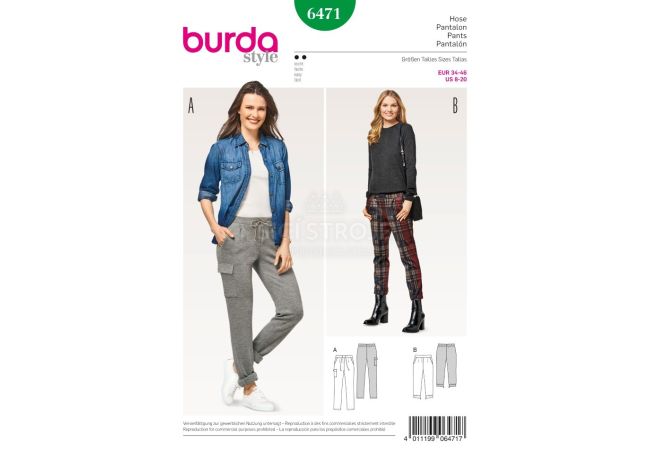 Střih Burda 6471 - Pohodlné kalhoty, sportovní kalhoty, tříčtvrteční kalhoty
