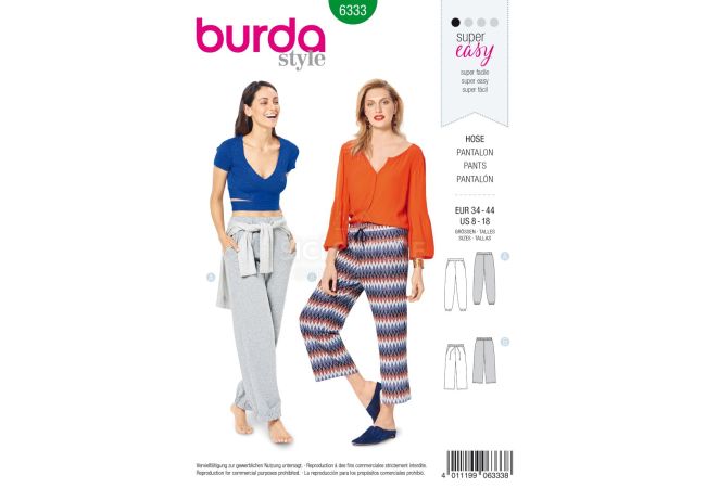 Střih Burda 6333 - Teplákové kalhoty, tepláky, žerzejové kalhoty