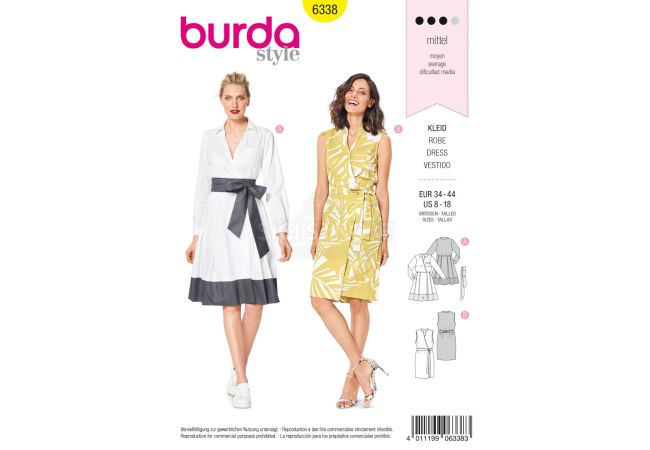 Střih Burda 6338 - Košilové šaty, zavinovací šaty, letní šaty
