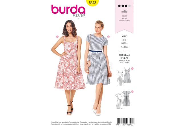 Střih Burda 6343 - Letní šaty, áčkové šaty, šaty s kolovou sukní