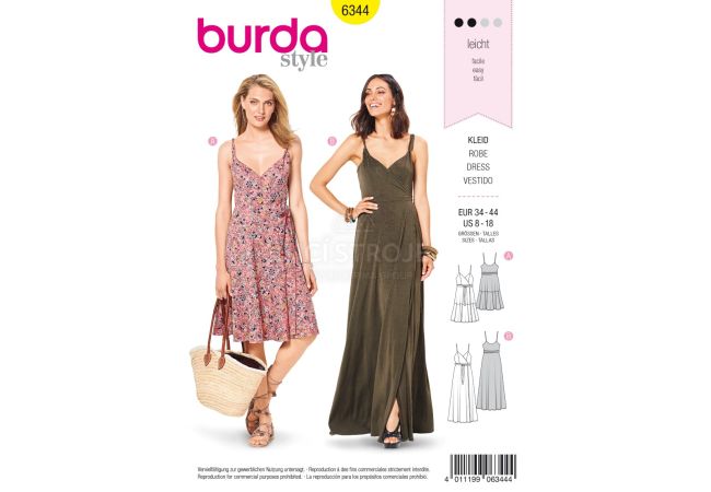 Střih Burda 6344 - Letní šaty na ramínka, dlouhé šaty