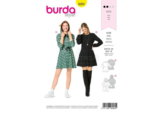 Střih Burda 6264 - žerzejové šaty, mikinové šaty, mini šaty