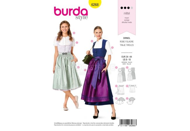 Střih Burda 6268 - Krojové šaty, krojová zástěra, krojová halenka