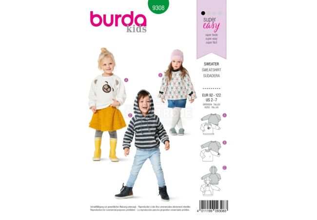 Střih Burda 9308 - Dětská mikina, mikina s kapucí, svetr