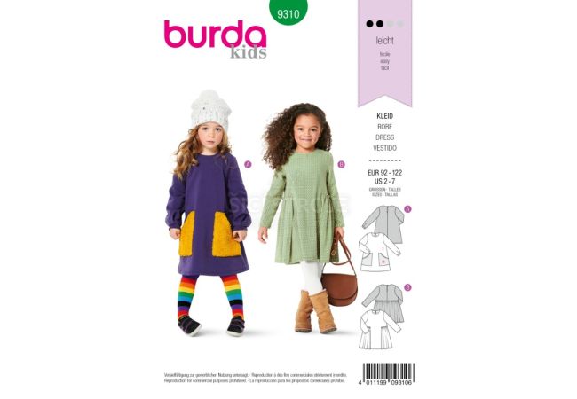 Střih Burda 9310 - Dětské áčkové šaty, mikinové šaty