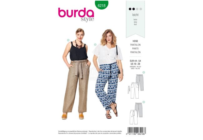 Střih Burda 6218 - Letní kalhoty, lněné kalhoty pro plnoštíhlé