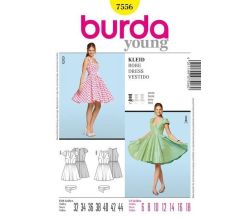 Střih Burda 7556 - Šaty s kolovou sukní, retro šaty