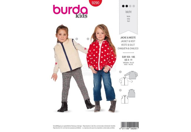 Střih Burda 9290 - Dětská bunda na zip, vesta