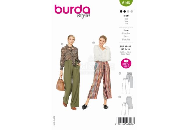 Střih Burda 6148 - Volné kalhoty s gumou v pase, lněné kalhoty