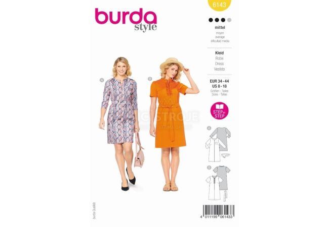 Střih Burda 6143 - Áčkové šaty s výstřihem na zip