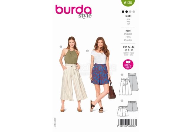 Střih Burda 6138 - Culottes, šortky s vysokým pasem