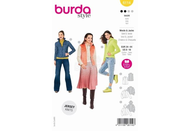 Střih Burda 6114 - Vesta, fleecová mikina, bunda s kapucí