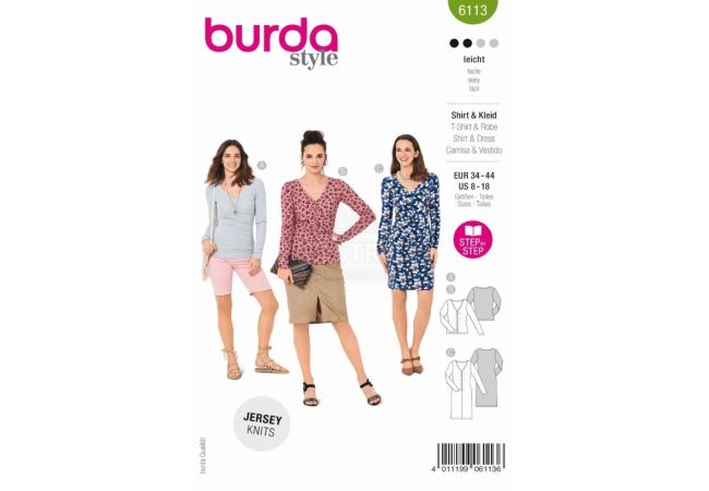 Střih Burda 6113 - Tričko s dlouhým rukávem, tričkové šaty