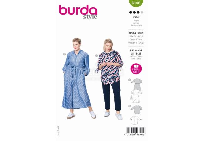 Střih Burda 6108 - Košilové šaty, košile bez límečku pro plnoštíhlé