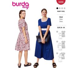 Střih Burda 5686 - Šaty s gumičkou v pase, midi šaty s rozšířenou sukní