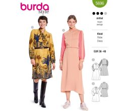 Střih Burda 5696 - Šaty s vysokým límcem, šaty s gumou v pase