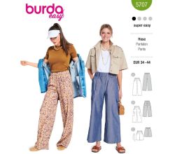 Střih Burda 5707 - Kalhoty s gumou v pase, džínové kalhoty marlene se širokými nohavicemi, šortky