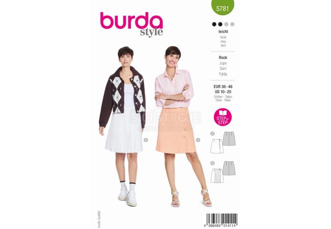 Střih Burda 5781 - Sukně se sklady, klasická tenisová sukně, sukně s knoflíky