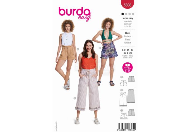 Střih Burda 5808 - Kalhoty se stahováním v pase, šortky, kraťásky, culottes
