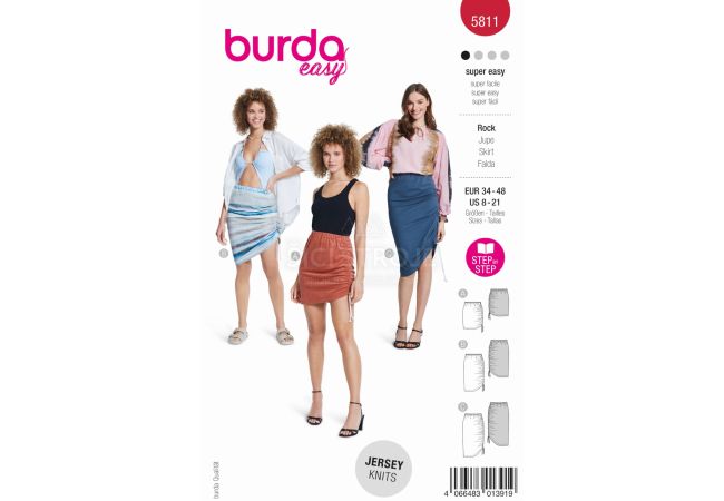 Střih Burda 5811 - Sukně s gumou v pase a stahováním na boku, mini sukně