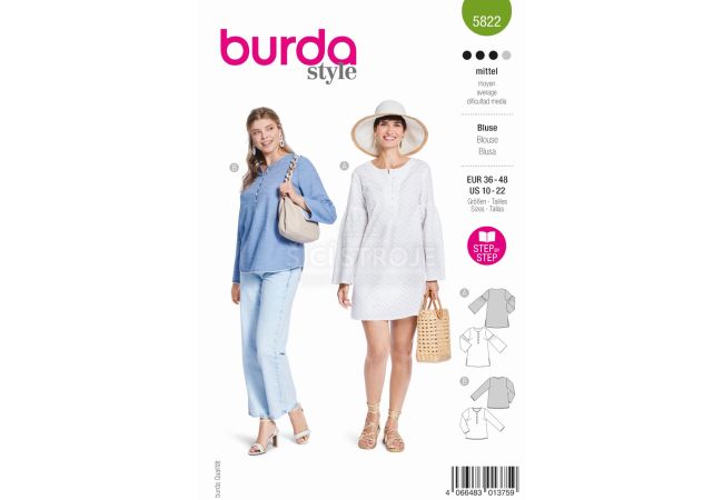 Střih Burda 5822 - Tunikové šaty s knoflíky, tunika