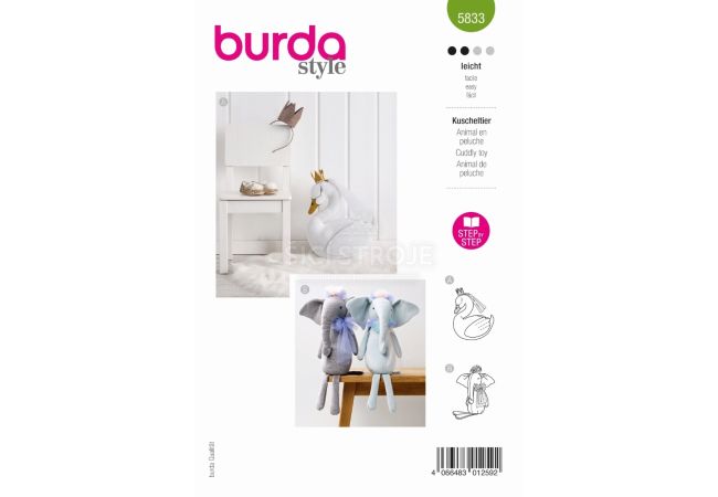 Střih Burda 5833 - Plyšová zvířátka, plyšový slon, labuť