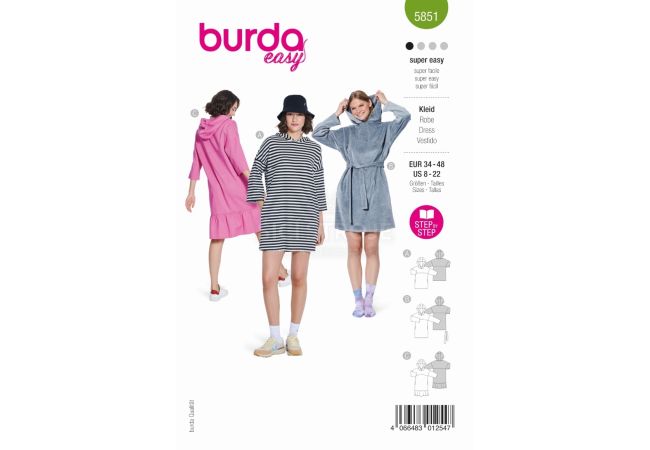 Střih Burda 5851 - Mikinové šaty s kapucí, tričkové šaty